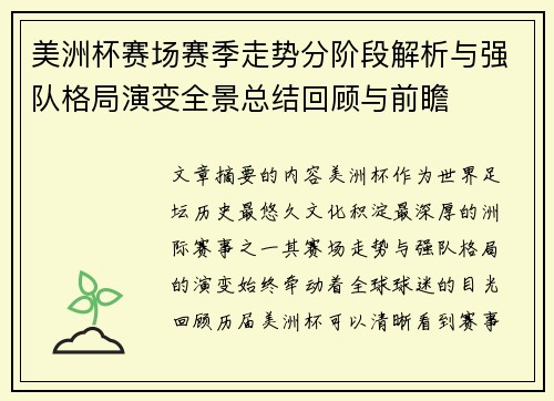 美洲杯赛场赛季走势分阶段解析与强队格局演变全景总结回顾与前瞻